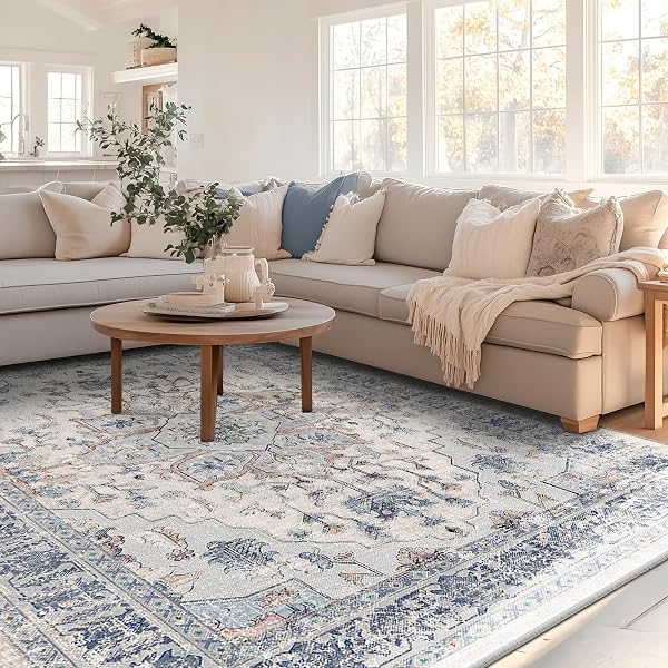 Beige and Blue Pileless Vintage Rug