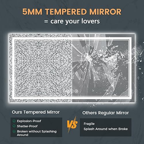 Miniatura 4 de Espejo de baño iluminado de 55 x 30 pulgadas para pared, espejo de baño inteligente LED de vidrio templado con antiniebla, regulable continuo, 3