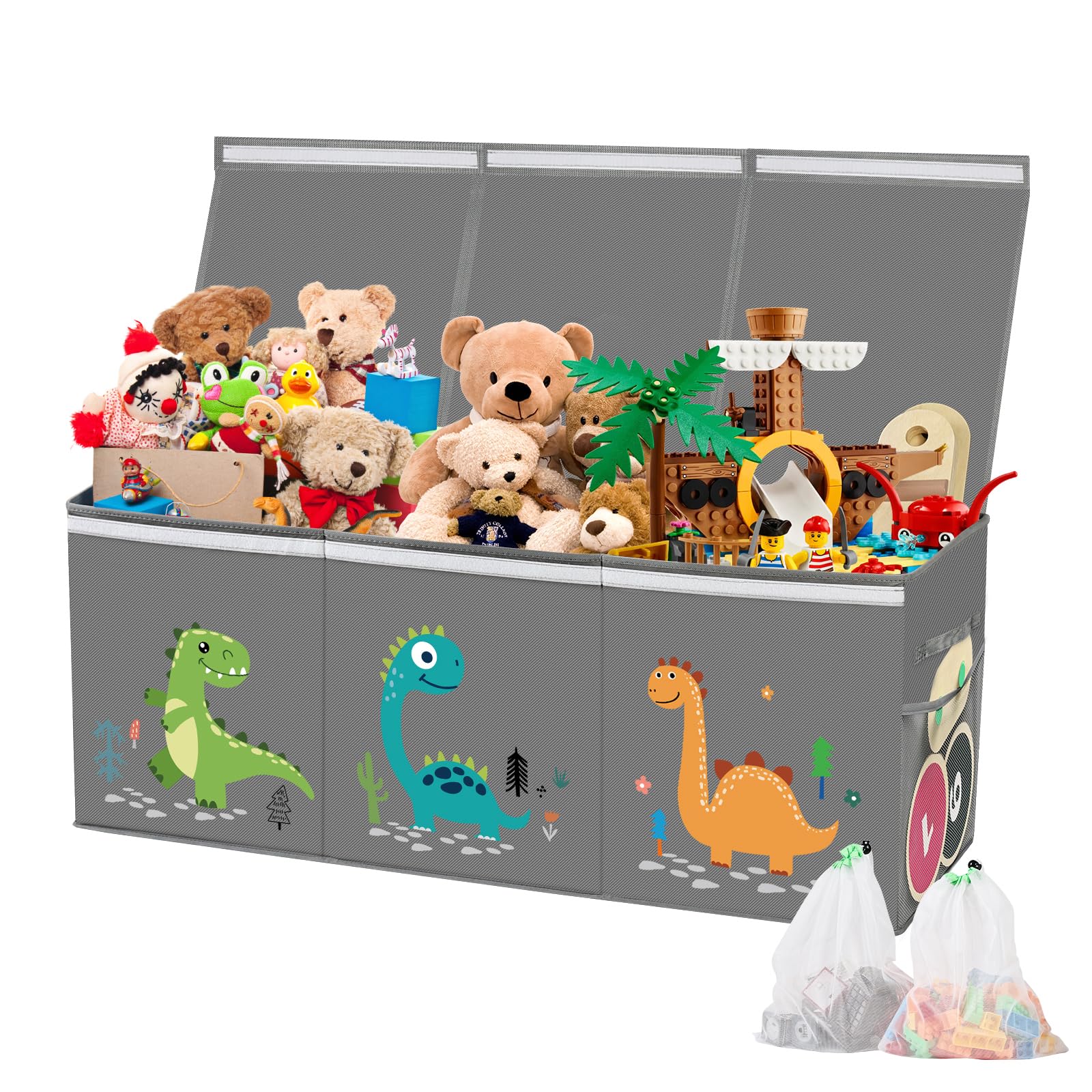 KR KITCHENRAKU Toy Storage Box with Lid, 99x34x39cm Extra Large Capacity Toy Organiser for Kids, Adjustable Dividers & Zoned Storage for Nursery Playroom Soft Toy Storage (Grey)