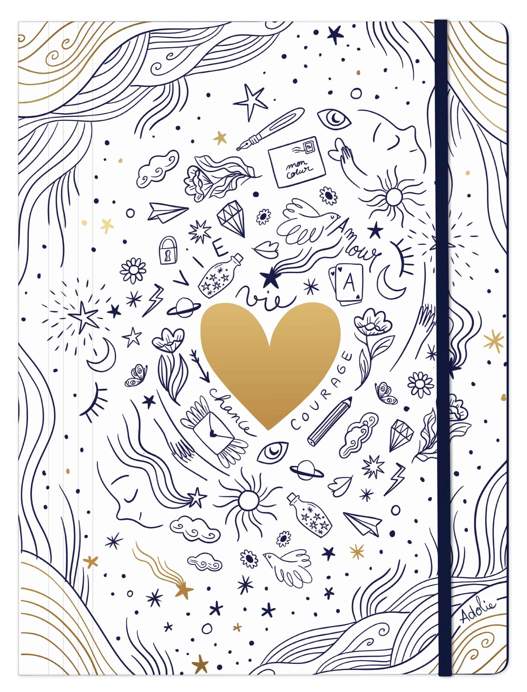 Clairefontaine - 116298C - Elastic Folder 22x31cm Practical Documents Celestial/Gold Heart/Moon/Poetry - Perfect Office and Organization - Adolie Collection