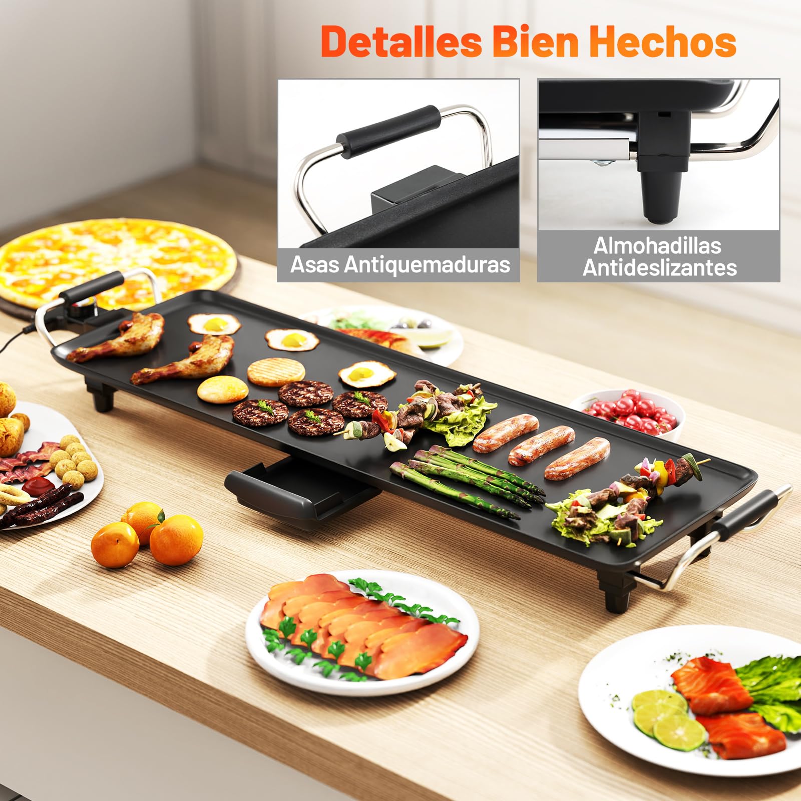 COSTWAY Plancha Electrica para Cocinar,XXL, 68,7x22,5cm, Grelhador Electrico 1800w, 4 Ajustes de Temperatura, Asas Aisladas y Bandeja de Goteo,Revestimiento Antiadherente, Parrilla Electrica