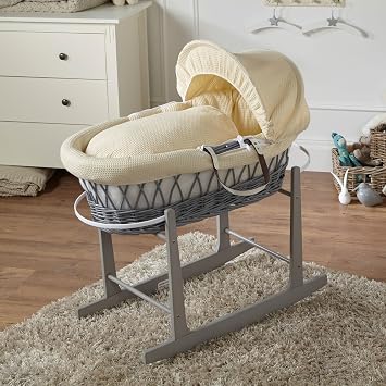 For Your Little One Wicker Moses Basket with Rocking Stand, 83 x 49 cm, Hand-woven Natural, Hypoallergenic Mattress Grey Wicker/Waffle Pattern Cream
