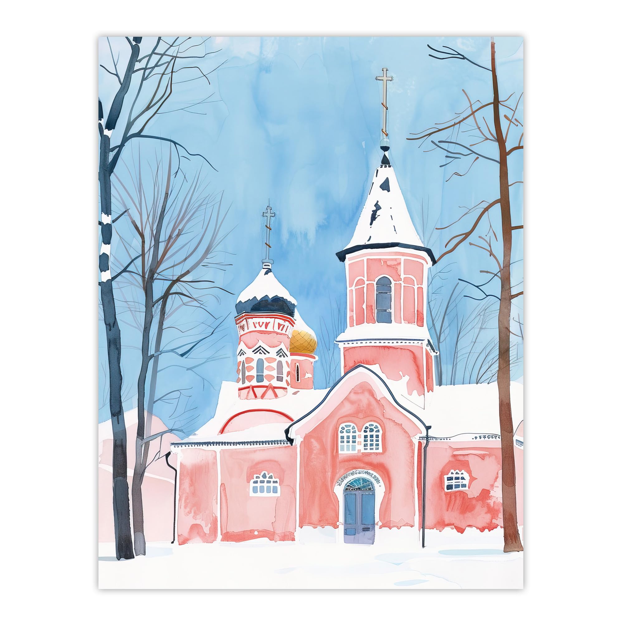 Pink Orthodox Church Watercolour Wall Art Print - Artery8 - W24 inch x H32 inch