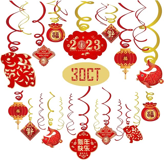 2023 Chinese New Year Decorations-Hanging Swirls Decorations for Year of The Rabbit and Lunar New Year(30 Pack)