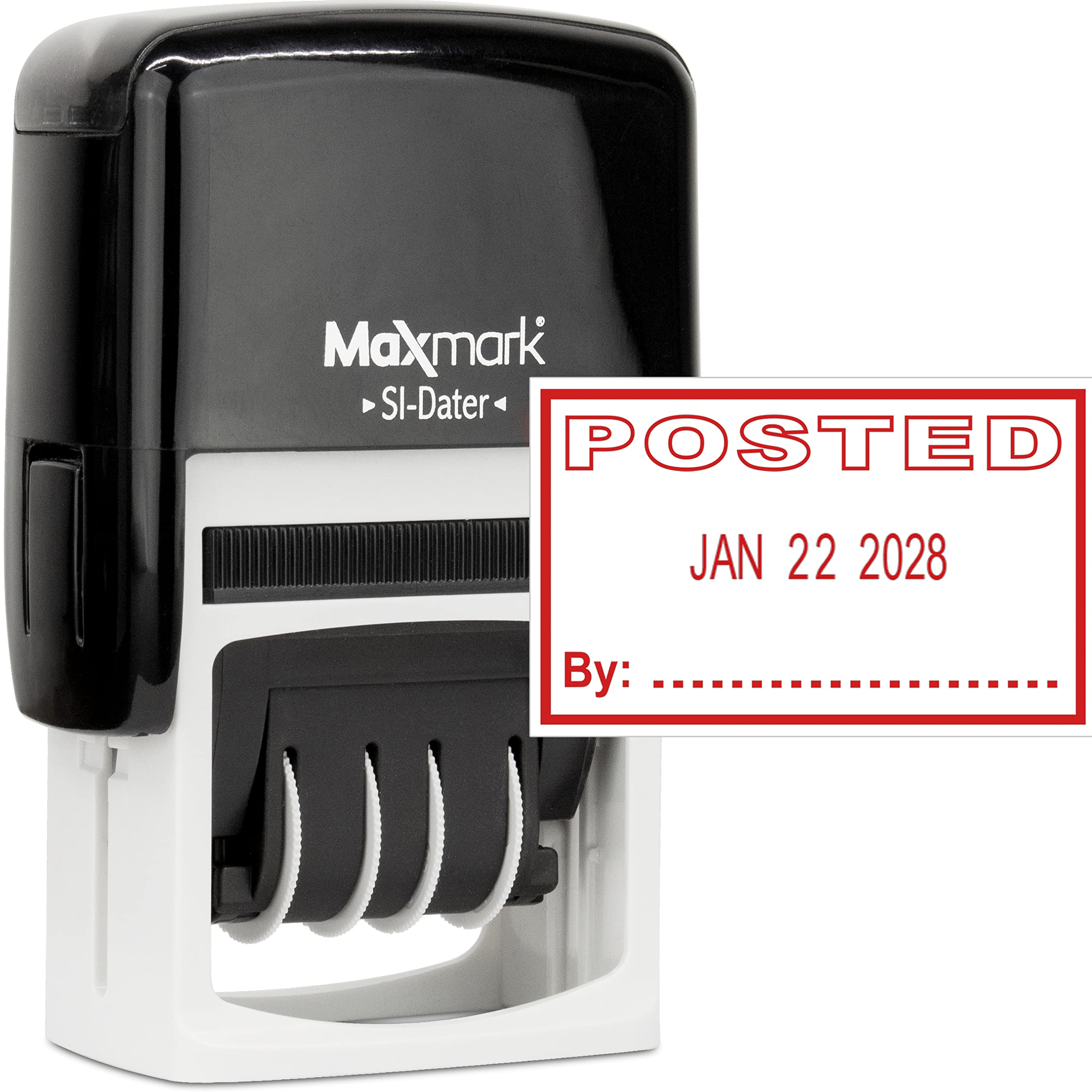 MaxMark Office Self Inking Date Stamp with Phrase Posted - Red Ink