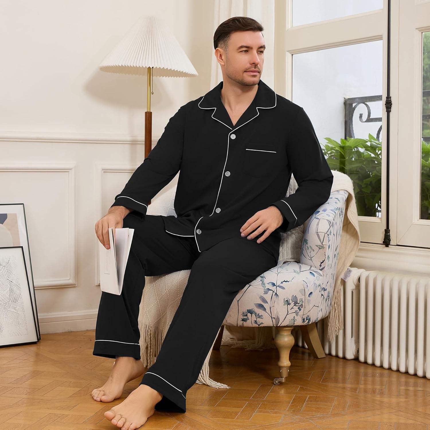 Vulcandon Mens Pajamas Set, Soft Classic Lapel Button Down Long Sleeve Lightweight Comfy Sleepwear Lounge Pajamas for Men - Image 2