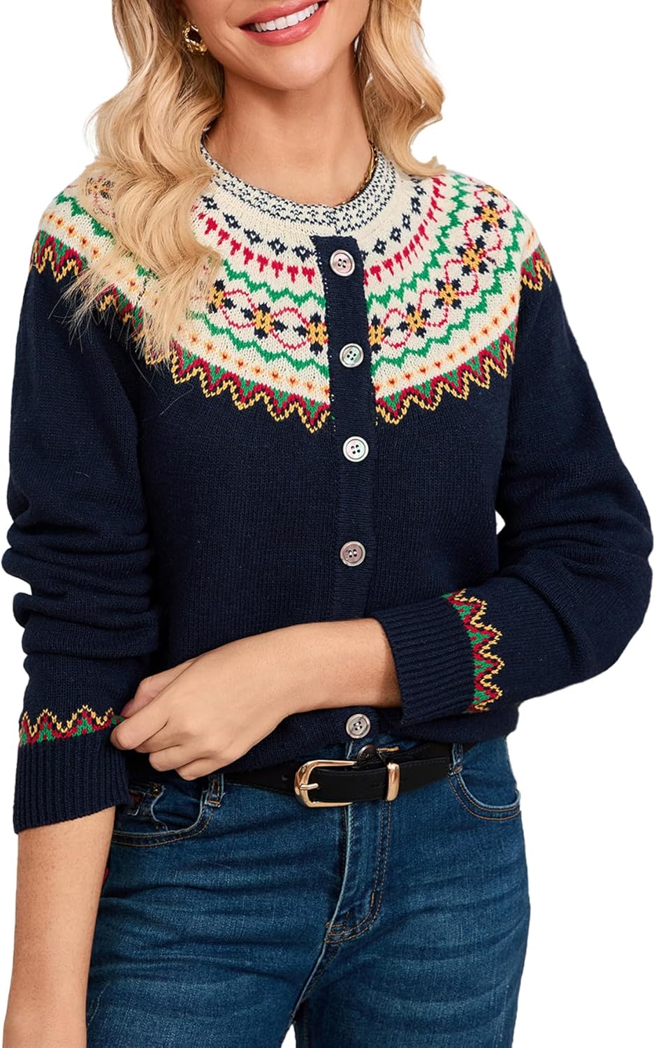 Kedera Womens Cardigans Casual Long Sleeve Chunky Knit Spring Button Down Fair Isle Cardigan Sweaters