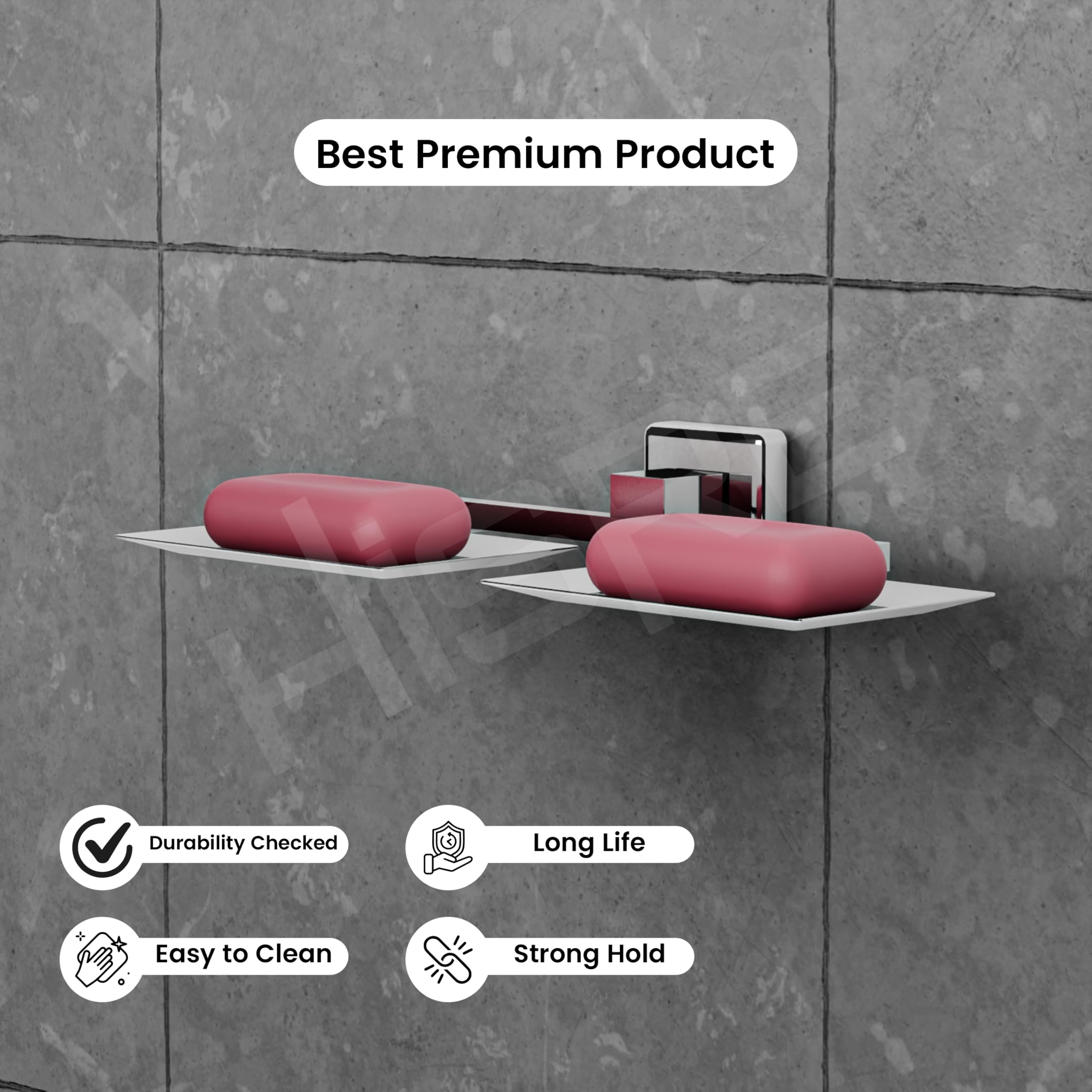 HISRE Double Soap Holder Wall Mounted | Silver Square Design Dual Soap Dish, Modern Bathroom Soap Tray for Shower, Sink & Wash Basin, photo 4 of 5