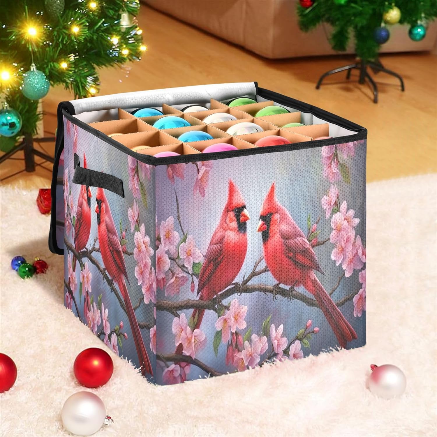 Cardinal Bird Pattern 13 Inch Christmas Ornament Storage Box with Lid - Holiday Decor Storage Containers, Stores 64 Ornaments, 3 Inch Cube Compartments