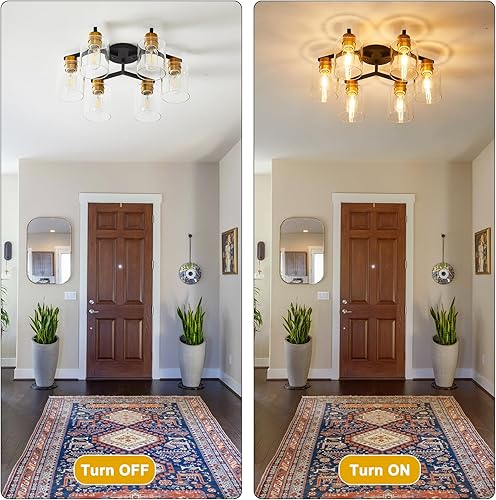 Miniatura 5 de Lámpara de techo de montaje semi empotrado negra y dorada, accesorios de iluminación de cocina vintage de 6 luces, lámparas de techo grandes con