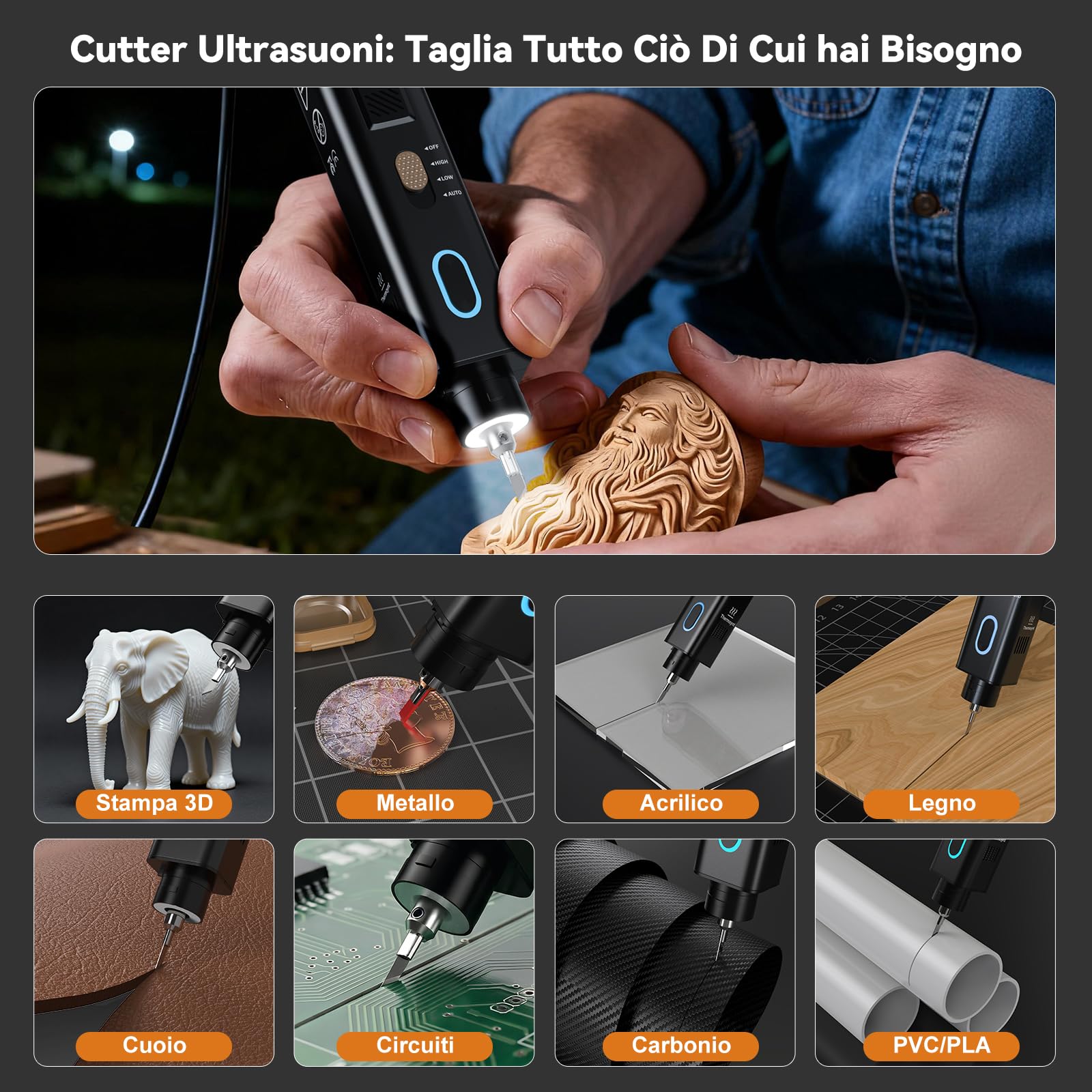 Coltello a ultrasuoni, coltello portatile a ultrasuoni da 40 kHz, utensile da taglio sonico ad alta precisione per stampa 3D post-elaborazione e taglio multimateriale (plastica, PVC, pelle