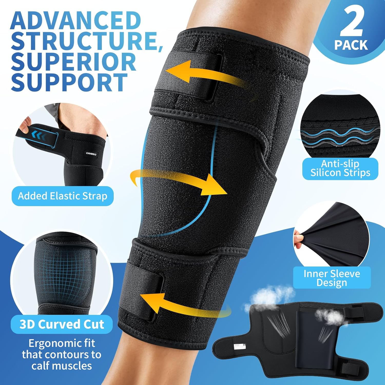 CAMBIVO Calf Brace for Torn Muscle, 2 Pack Adjustable Neoprene Compression Wrap Support for Shin Splints, Strain, Leg Pain (Black, Large) - Image 4