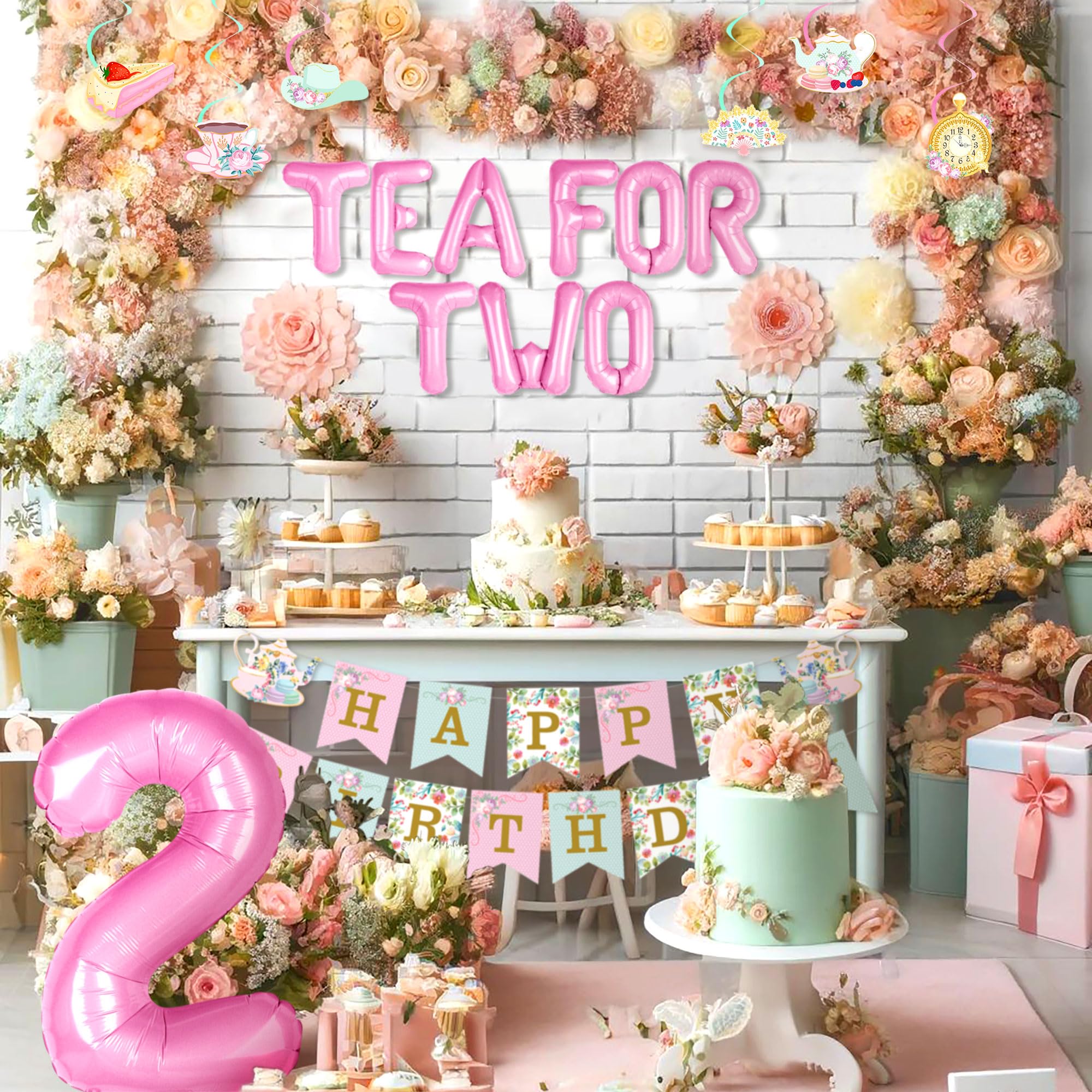 Tea Party Birthday Banner & Cake Topper – Pink “Tea For Two” DIY Garland Kit For 2nd Birthday