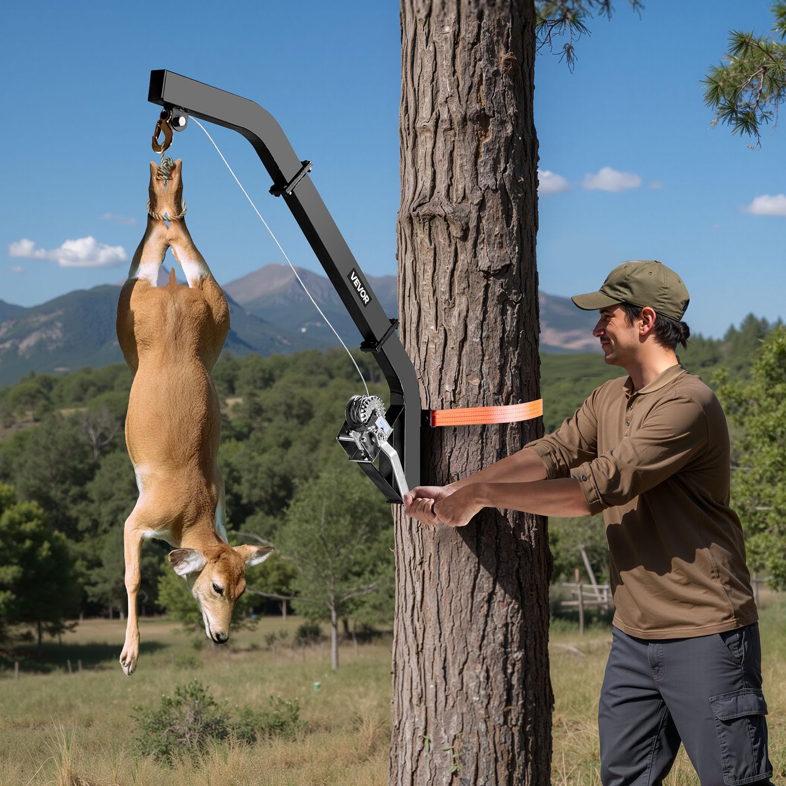 VEVOR Polipasto Montado en Árbol 160 kg Grúa de Caza Cabrestante Correa de Trinquete Negro