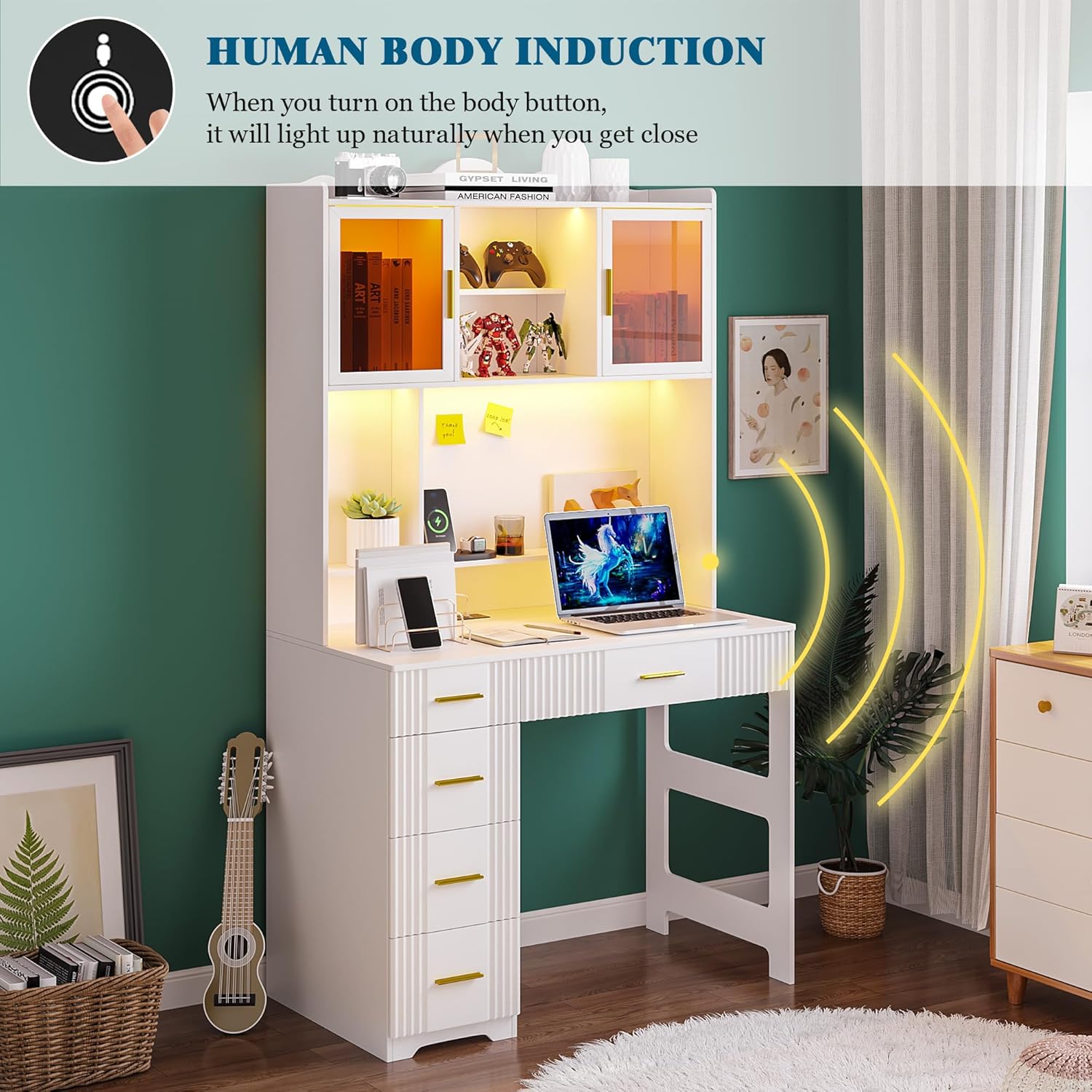 Diagram illustrating the human body induction sensor feature of the WOOVIVS LED Study Desk, showing lights activating upon approach.