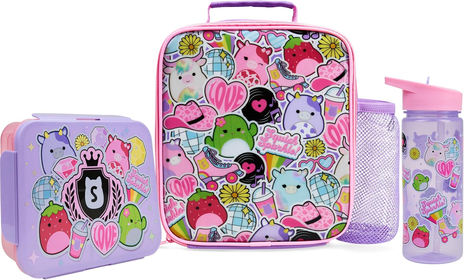 Get Trend Squishmallows Water Bottle Lunch Bag & Lunch Box for Kids 3 Pcs Set School Supplies Snack Box BPA Free Leakproof for Travel Picnic Holiday Multi Squishmallows