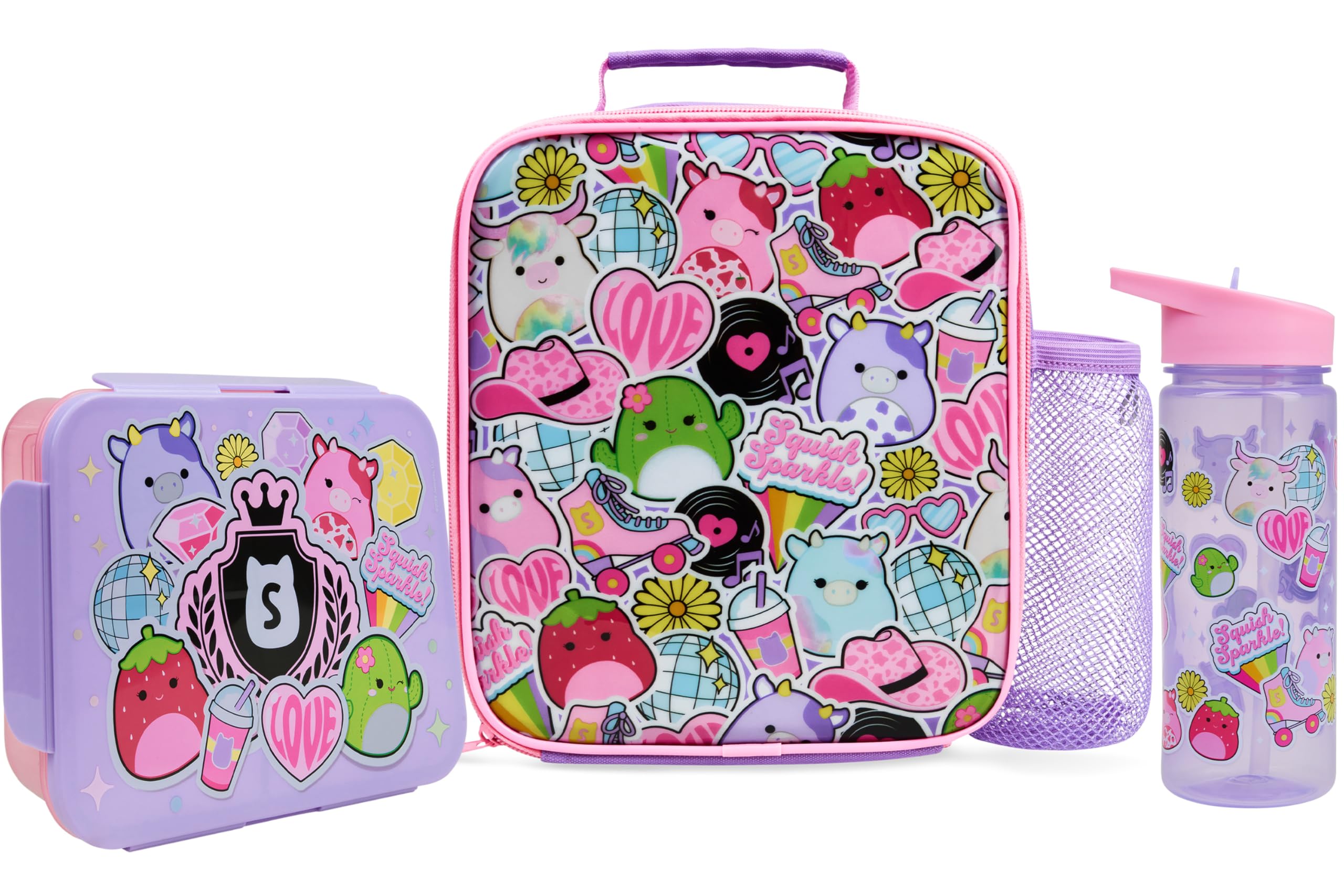 Get Trend Squishmallows Water Bottle Lunch Bag & Lunch Box for Kids 3 Pcs Set School Supplies Snack Box BPA Free Leakproof for Travel Picnic Holiday (Multi Squishmallows)