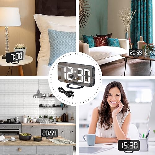Miniatura 6 de Despertador para dormitorio, LED y espejo digital de pantalla grande, con 2 puertos de cargador USB, función de posponer, reloj de paredescritorio