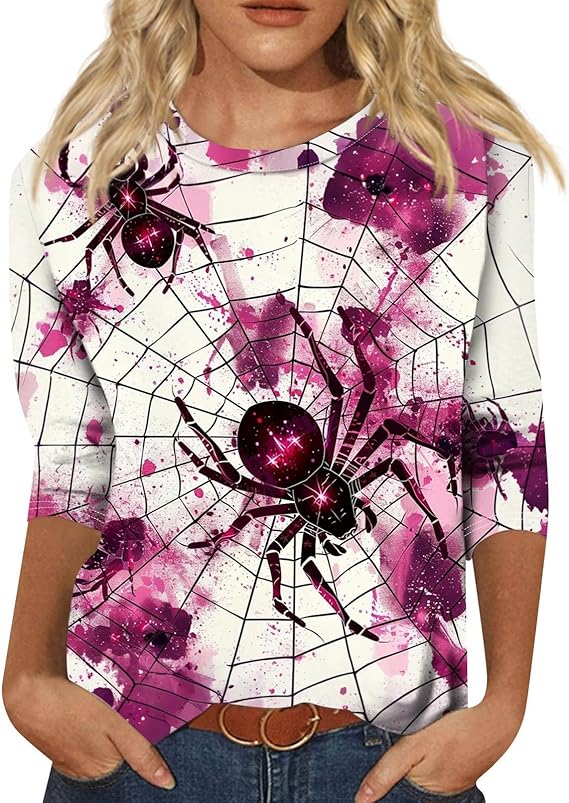 Cute Funny Halloween Shirts for Women Plus Size 3/4 Length Long Sleeve Womens Tops Witch Gothic Renaissance Shirt