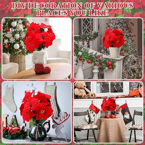 Miniatura 4 de 18 flores artificiales de Navidad rojas de 18 pulgadas, arbustos de nochebuena artificiales, 5 cabezas, flores de nochebuena artificiales de