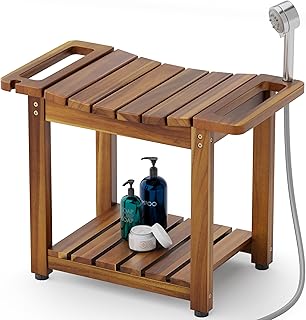 BLUEWEST Shower Bench Seat with Storage Shelf, Natural Wood Shower Bench...