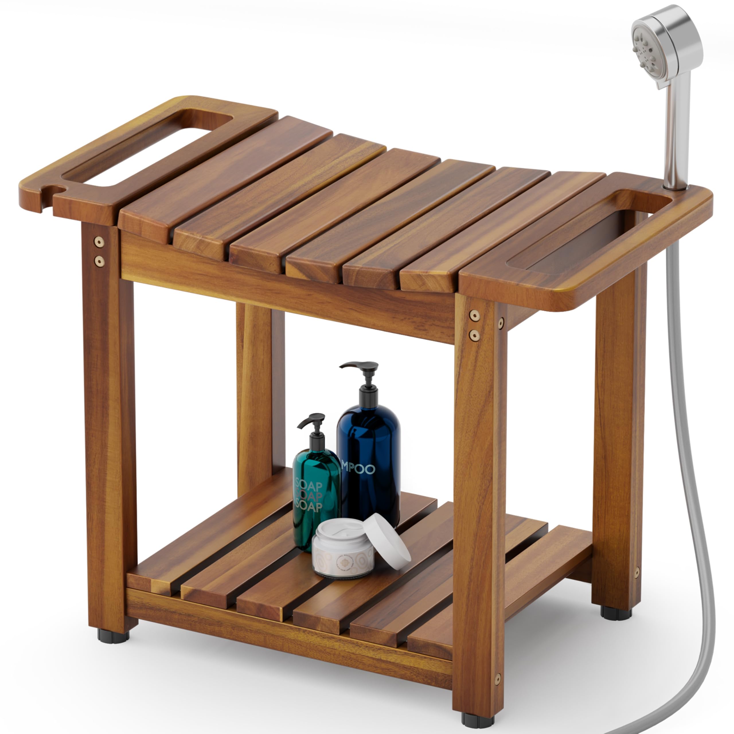 BLUEWEST Shower Bench Seat with Storage Shelf, Natural Wood Shower Benches for Inside Shower to Sit on, Waterproof Bathroom Spa Bench Stool for Legs Shaving with Built-in Handle & Shower Head Holder