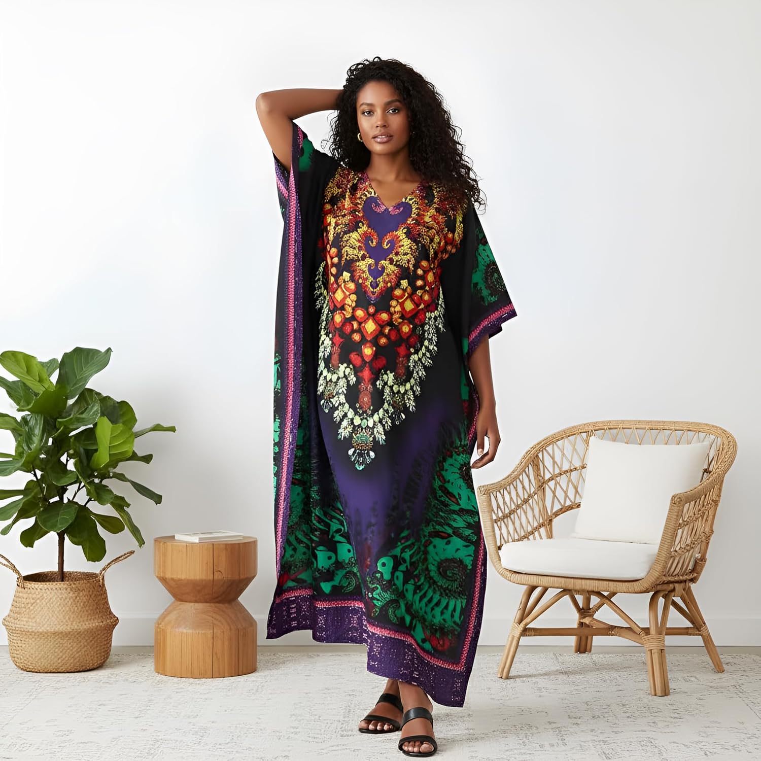 Oussum Women Polyester Casual Kaftan Long Plus Size Summer Beach Caftan Cover Ups Maxi Dresse for Ladies Boho Lounge Outfit - Image 2