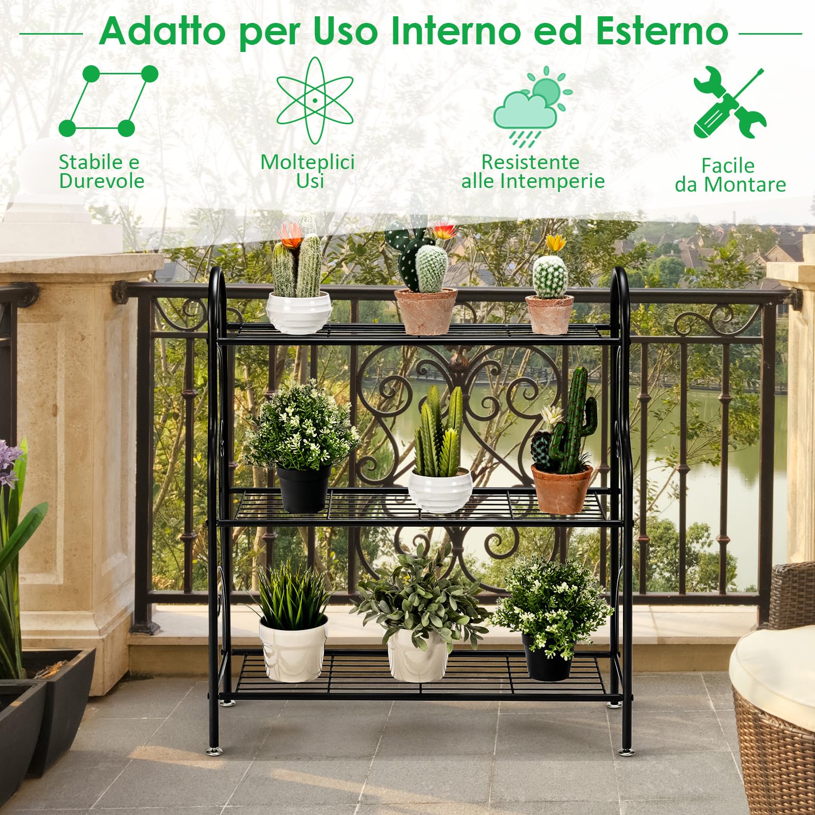COSTWAY Porta Piante in Metallo a 3 Livelli, Scaffale Portavasi Interno ed Esterno con Elegante Motivo a Volute, Scaffale a Scala Multifunzionale per Casa, Giardino, Balcone e Corridoio