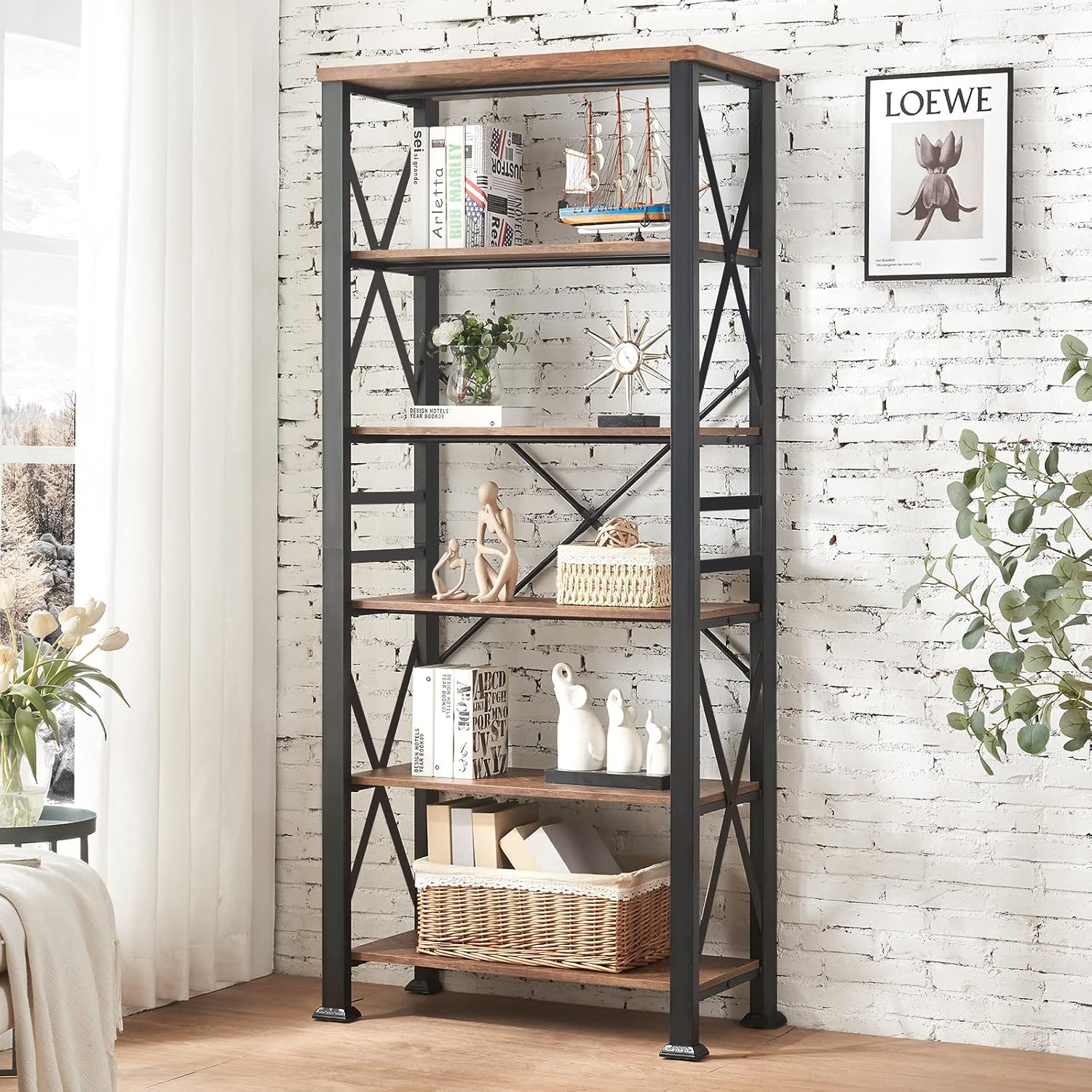 HOMBAZAAR Bookshelf, 6Tier Industrial Bookshelf, Etagere Bookcases and Bookshelves
