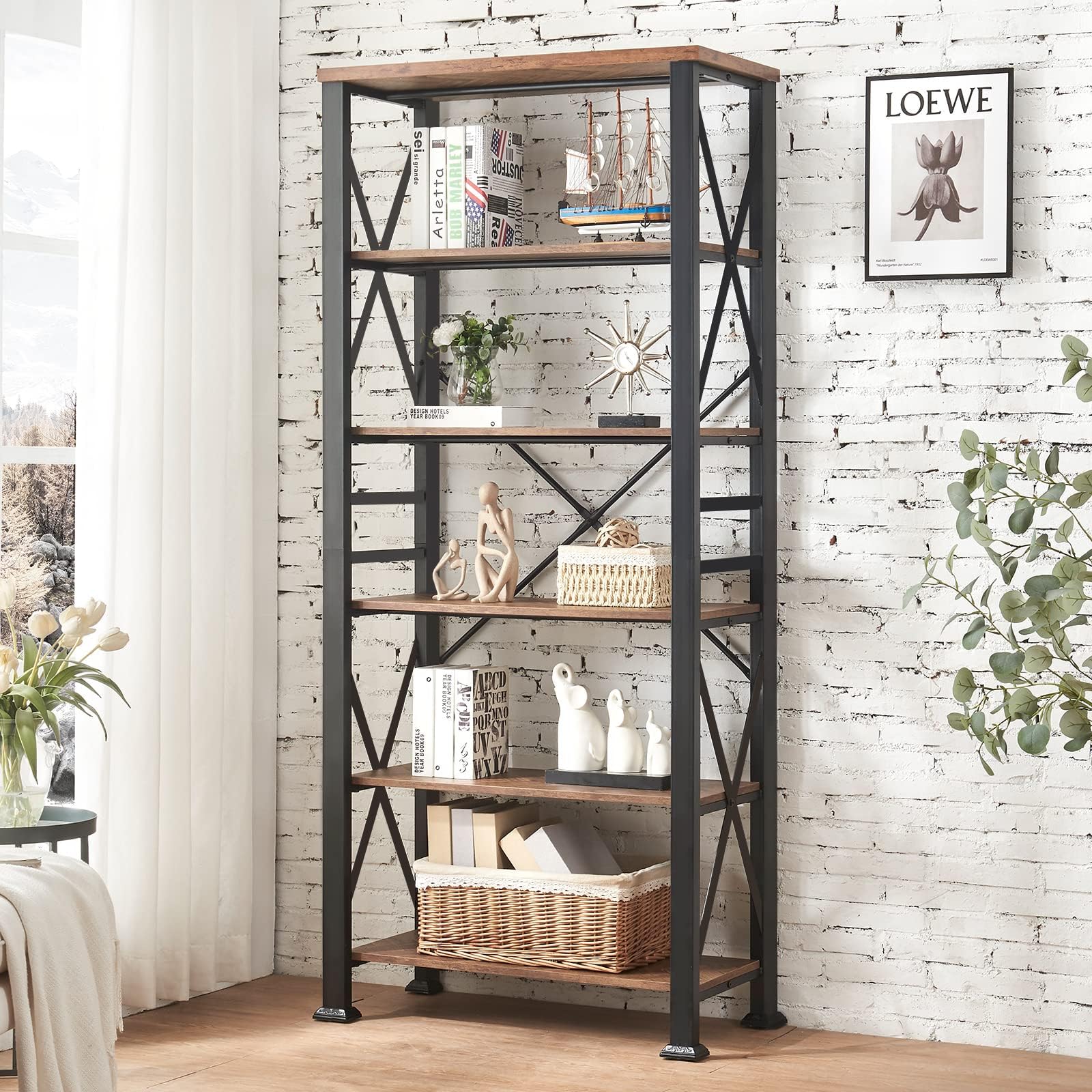 HOMBAZAARBookshelf, 6-Tier Vintage Industrial Book Shelf, Rustic Wood and Metal Bookcase and Bookshelves, Free Standing Storage Large Bookshelf for Living Room, Bedroom and Kitchen, Brown