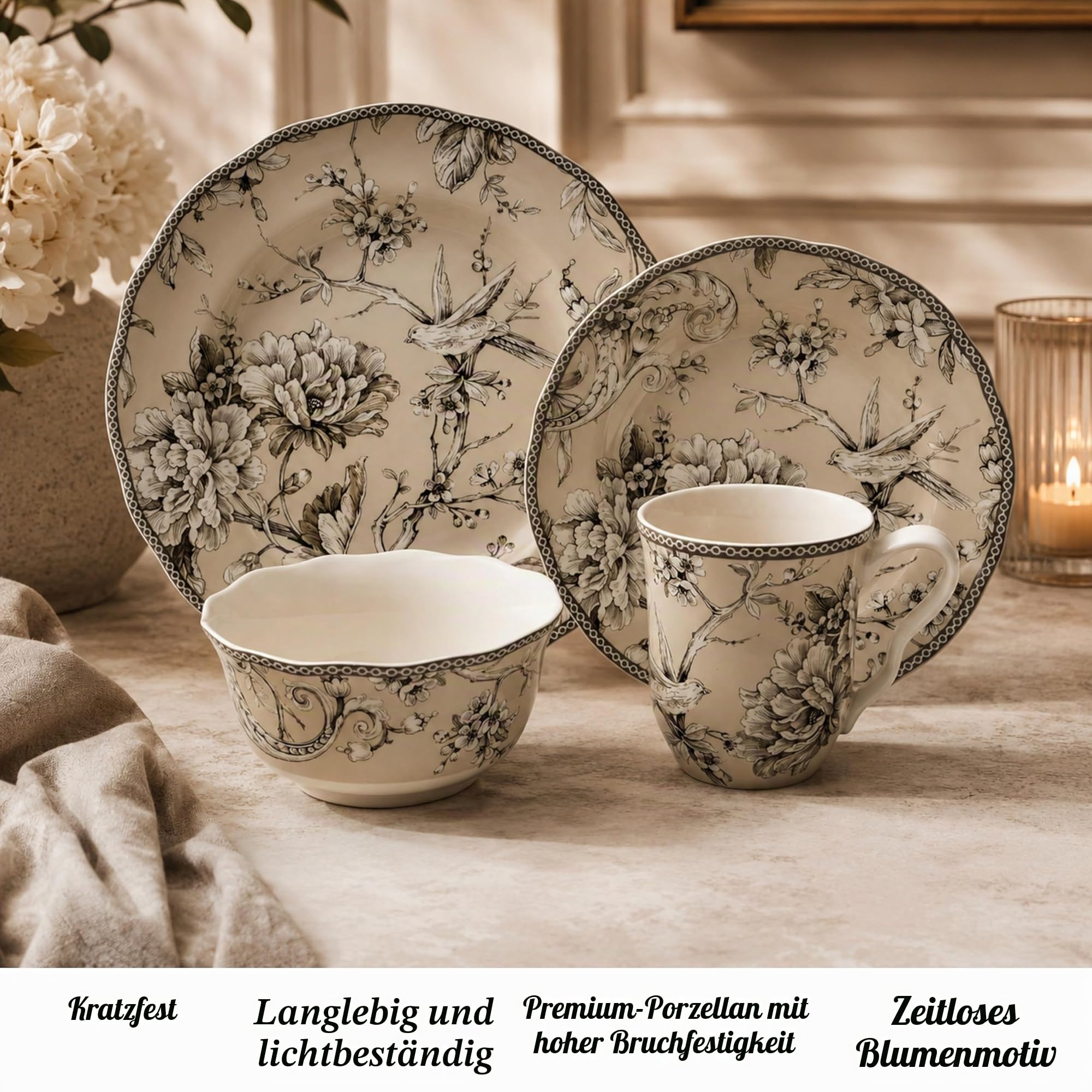 222 Fifth Adelaide 16-teiliges traditionelles antikes weißes Porzellan-Geschirr-Set – Service für 4 Personen, romantisches Vogel- und Blumendesign, alltägliche große Speiseteller und Schüssel-Sets