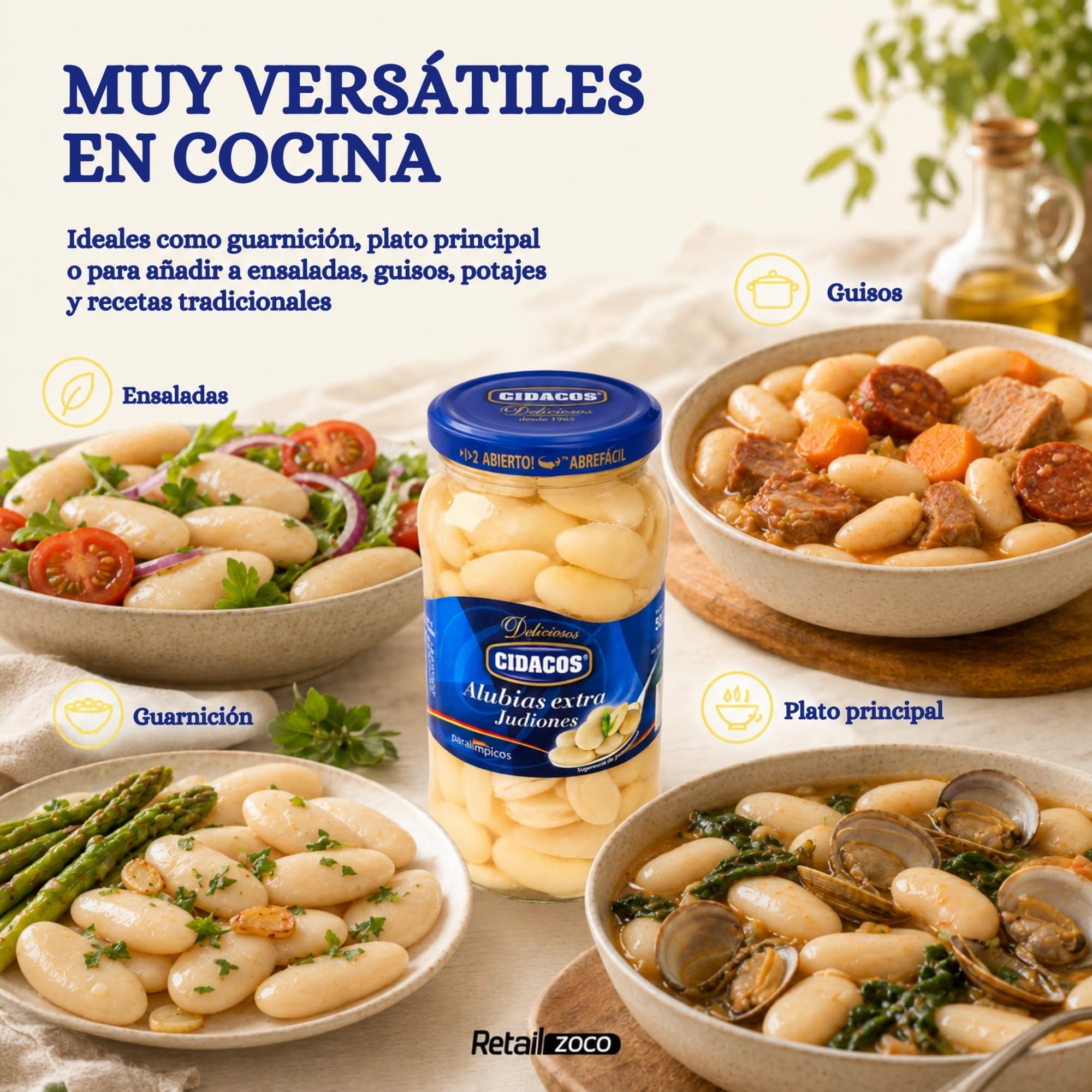 Judiones Cocidos Extra, Ideal como guarnición, plato principal o en ensaladas, Conservar en lugar fresco y seco, Peso neto 570 g, Peso escurrido 400 gr, Formato tarro de cristal, 2 Unidades - imagen 4