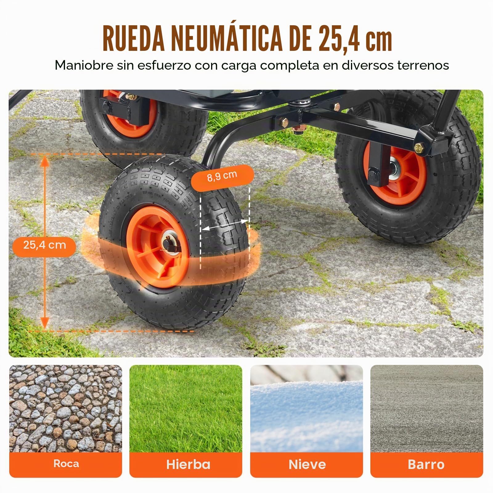 VEVOR Carro Volquete de Polietileno para Jardín con Marco de Acero Fácil de Montar, 2 en 1 Carro Volquete con Mango Convertible con Neumáticos de 255 mm, 270 kg de Capacidad para Jardín, Patio