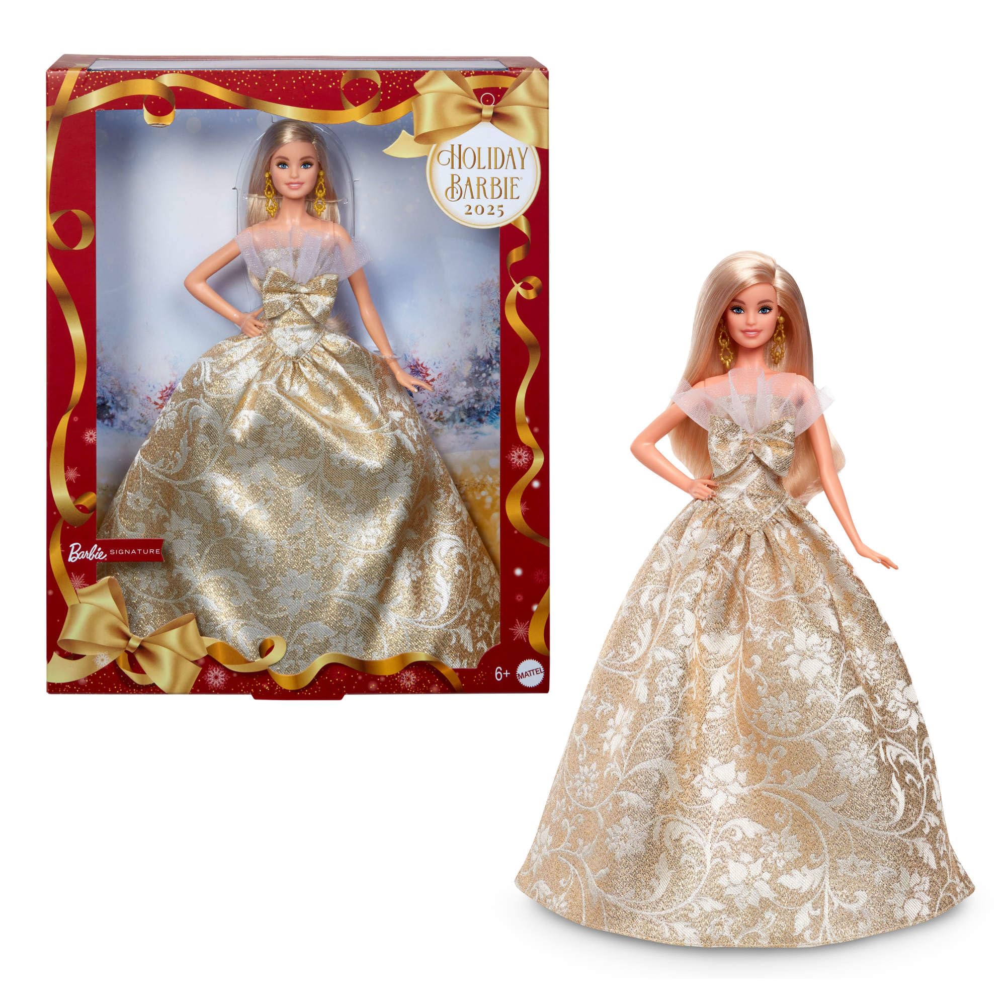 Barbie Signature Magia delle Feste 2025, bambola da collezione con capelli biondi e abito argento e oro, confezione da esporre, regalo per le feste, giocattolo per bambini, 6+ anni, JBJ00