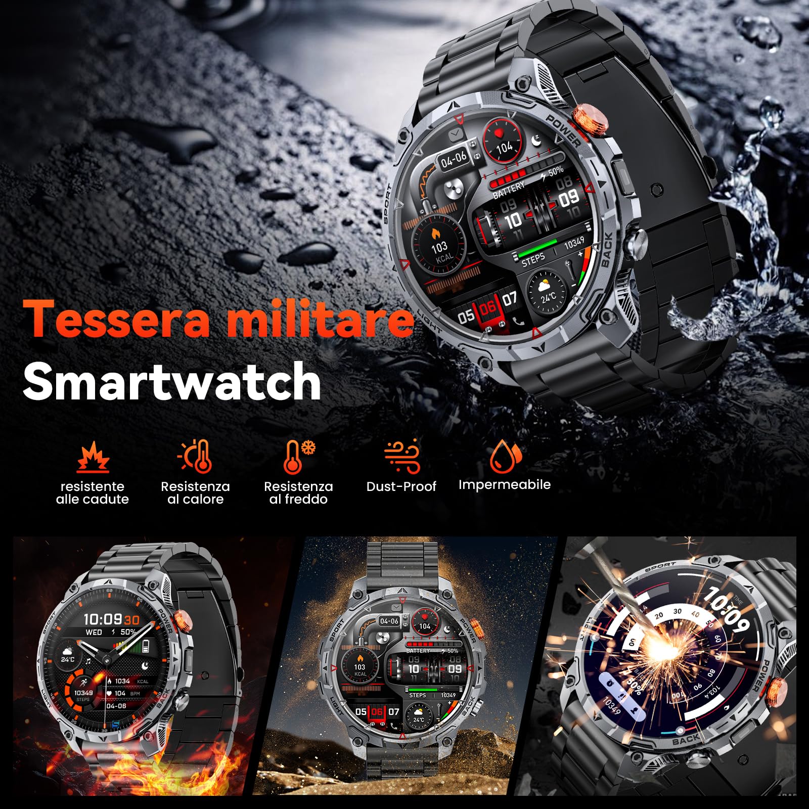 Smartwatch Uomo Militare, Batteria da 1000 mAh, Due Cinturini, Schermo HD da 1,75", Torcia LED, 100＋ Modalità Sportive, Monitoraggio della Salute, Chiamate Bluetooth per iOS Android (Nero)