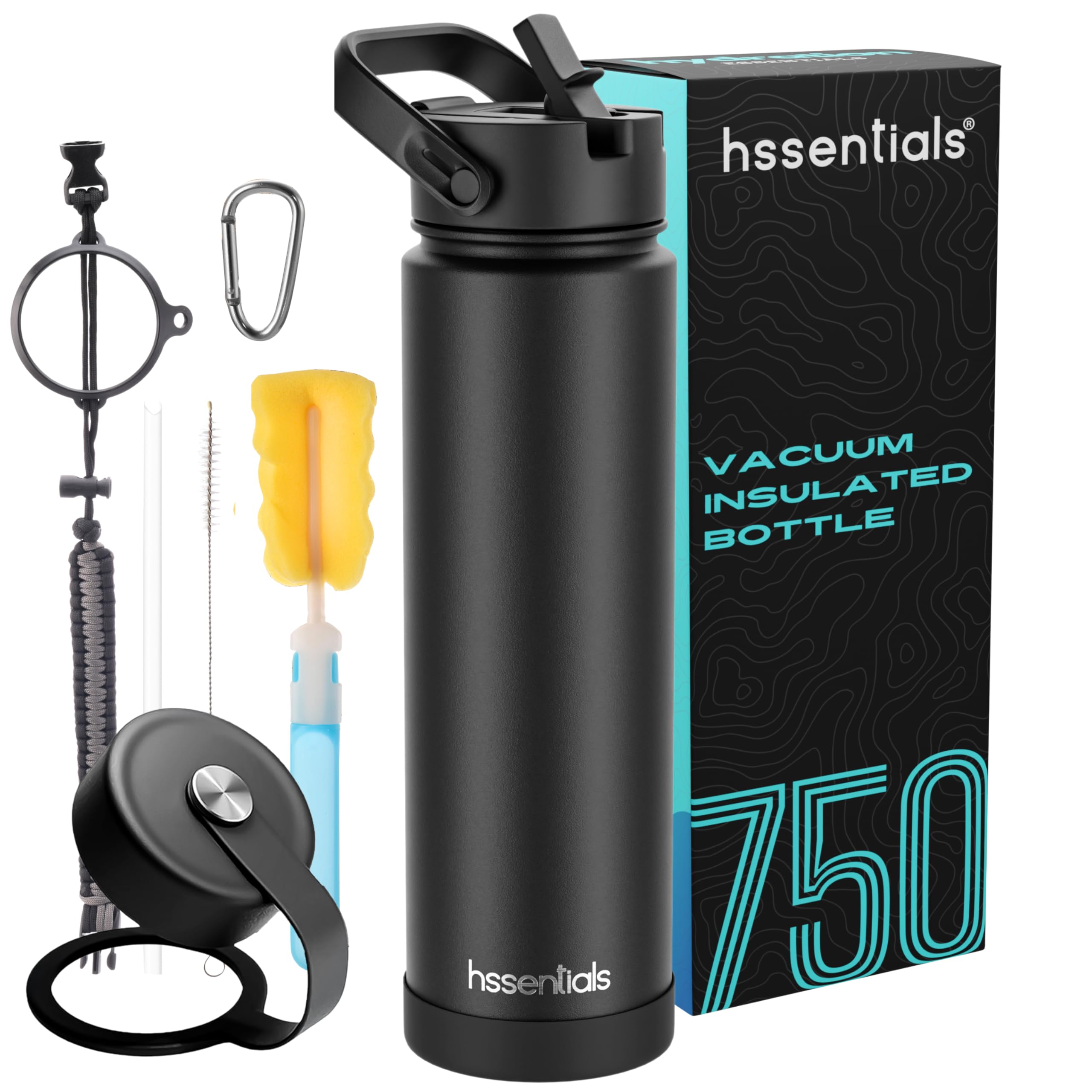 750ML Insulated Water Bottle | Leak-Proof 2-in-1 Hybrid Lid (Straw & Sip) | Stainless Steel 304 Thermos Flask, Keeps Hot and Cold | Premium Vacuum Bottle for Office, Sports, Travel (Black)
