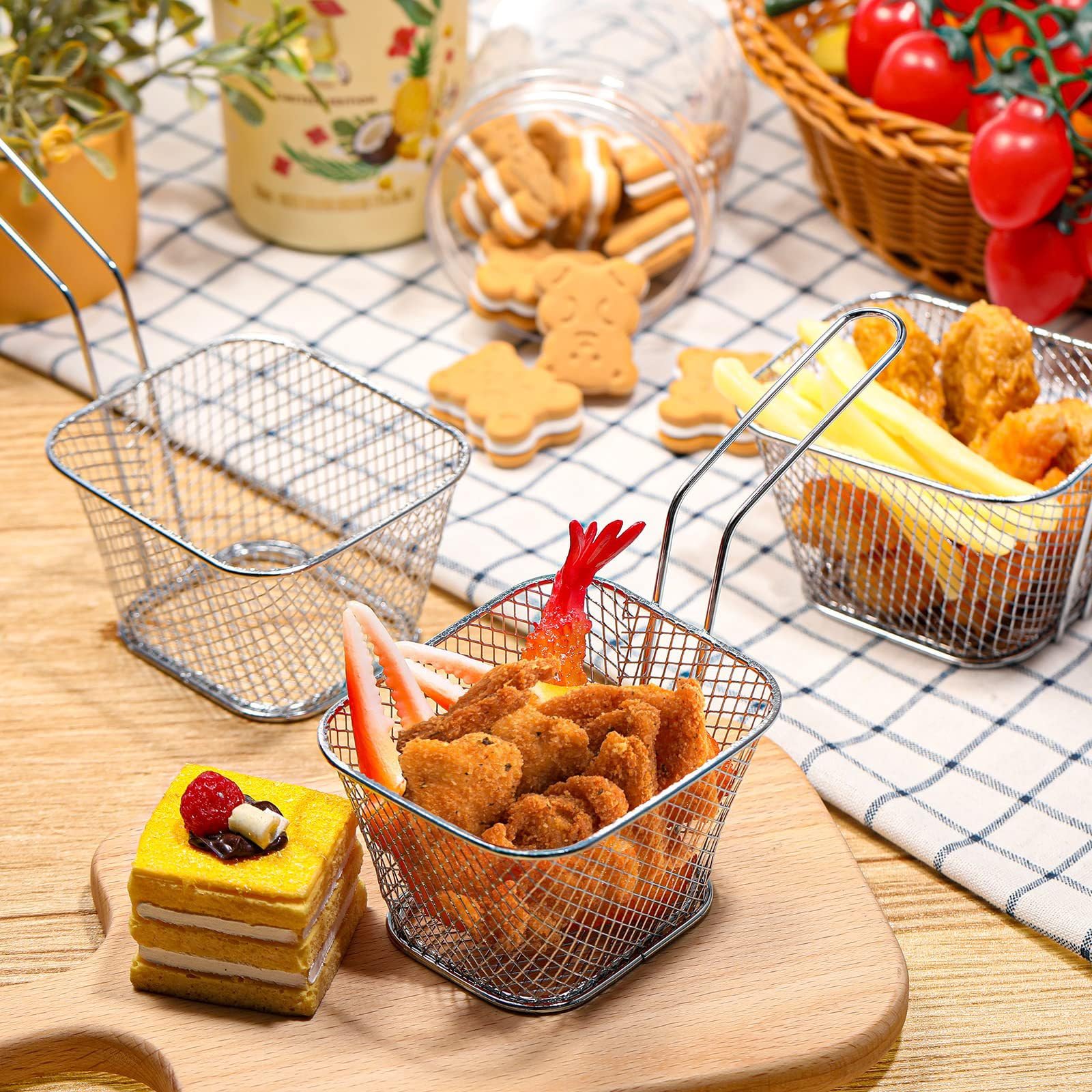 10 mini cestas cuadradas para freír, rejilla freidora, cesta de acero inoxidable con mango largo para patatas fritas para cocina, restaurante, fiesta, barbacoa, 4.1 x 3.3 x 2.5 pulgadas.