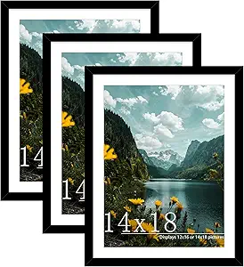 Picrit 14x18 Picture Frame 3 Pack, Black Poster Frame, Display Poster 12 x 16 with Mat or 14 x 18 without Mat for Horizontal or Vertical Wall Mounting