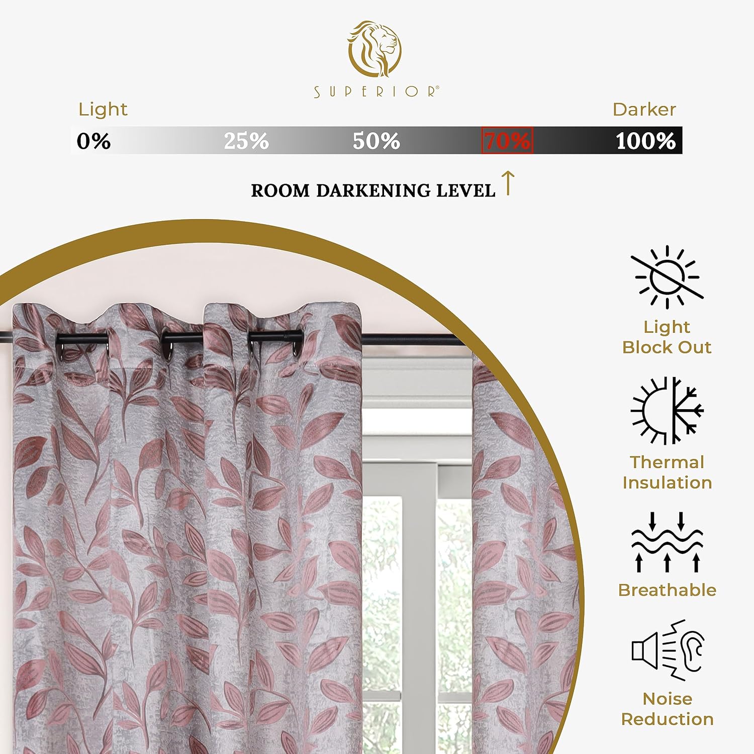 Champagne Polyester Blackout Leaf Design Window Panel Set
