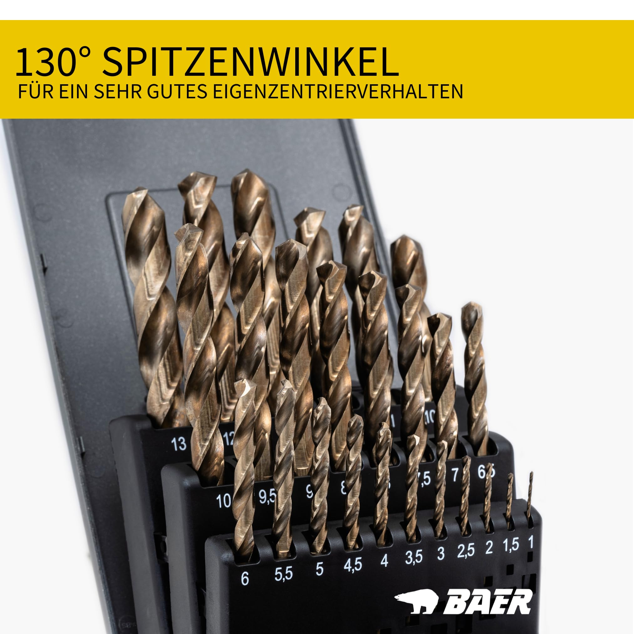 BaerCoil BAER HSSE - Juego de brocas de acero inoxidable (25 piezas, 1 – 13 mm en incrementos de 0,5 mm, 5% de acero de alta velocidad de cobalto, para hierro, acero y bronces de hasta 1300 N/mm², etc