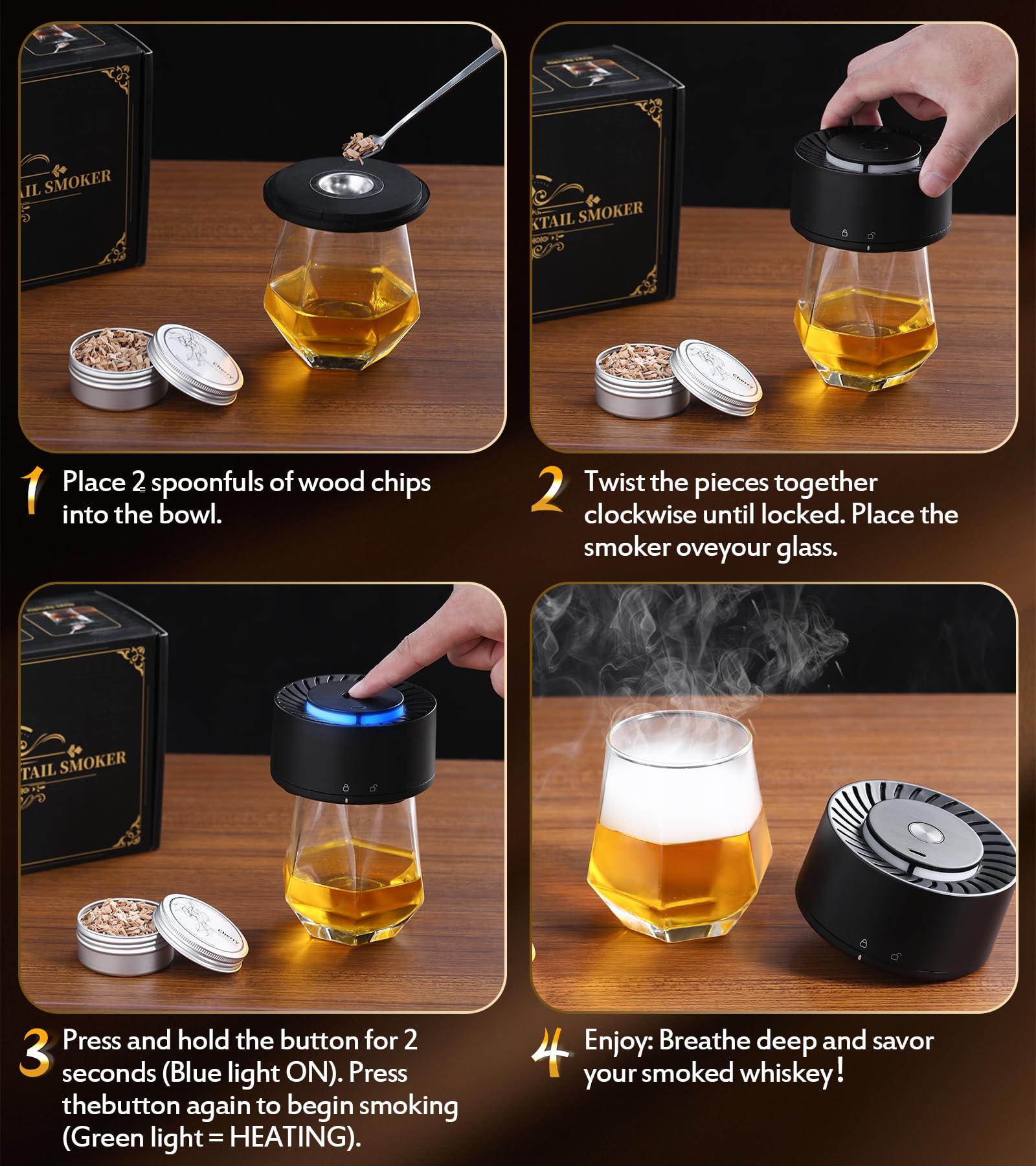Kit affumicatore elettrico per whisky, con luce LED e 6 trucioli di legno, senza bisogno di butano, kit per affumicatore per cocktail, kit per affumicatore di bevande vecchio stile, regalo di