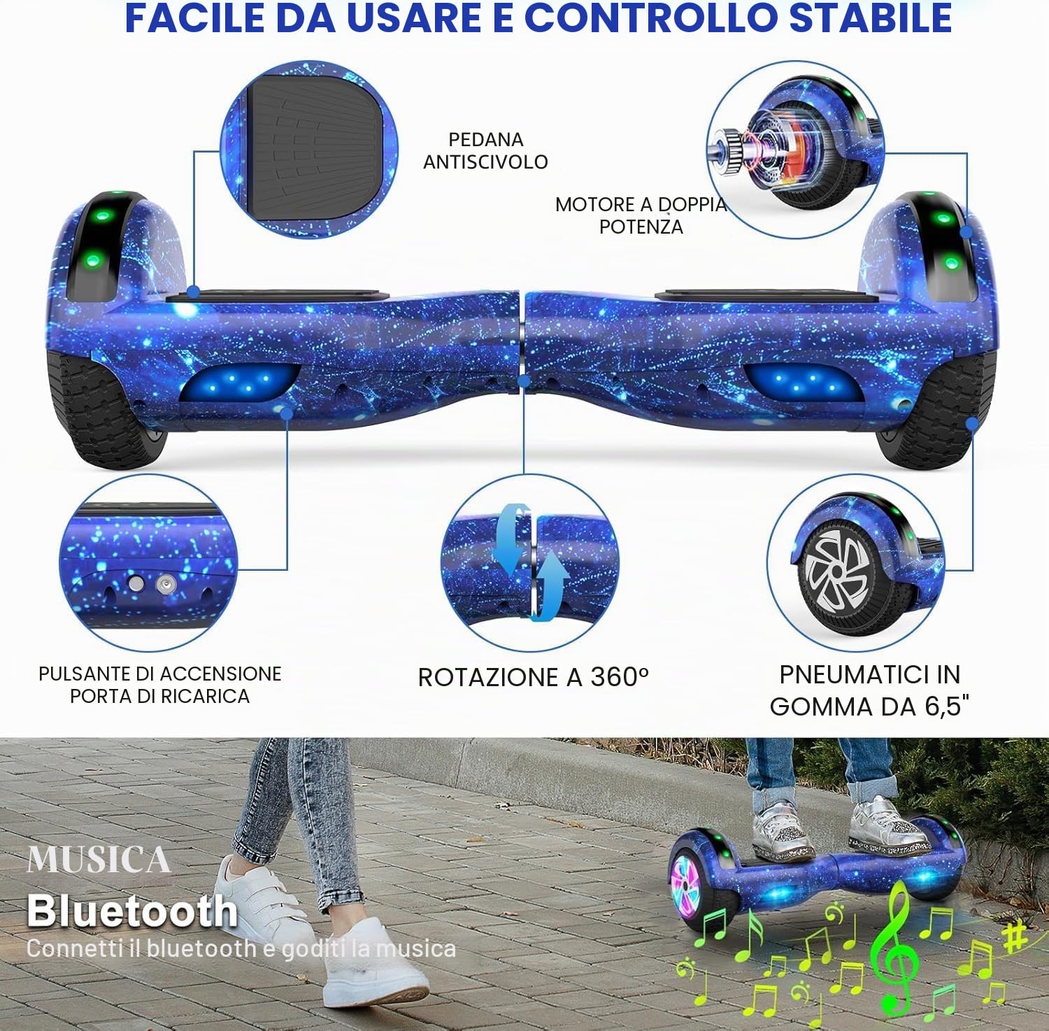 SISIGAD Hoverboard mit sitz, 6.5" Self Balancing Hover Board mit Bluetooth-Lautsprechern und LED-Lichtern für Kinder und Erwachsene (Include Sitz Hoverboard)