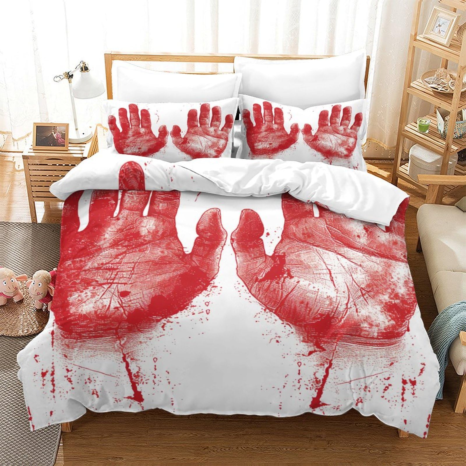 P1S9U7W5Y Halloween Bloody Handprint 3D Printed Duvet Cover Set 3pcs Microfiber Horror Bedding Set Double（200x200cm）