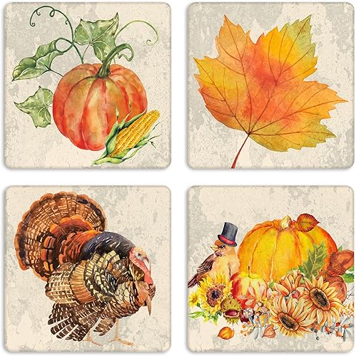 Juego de 8 posavasos para bebidas de Acción de Gracias, de madera de otoño, absorbentes, hojas de noviembre, calabaza, pavo, cuadrado, hogar,