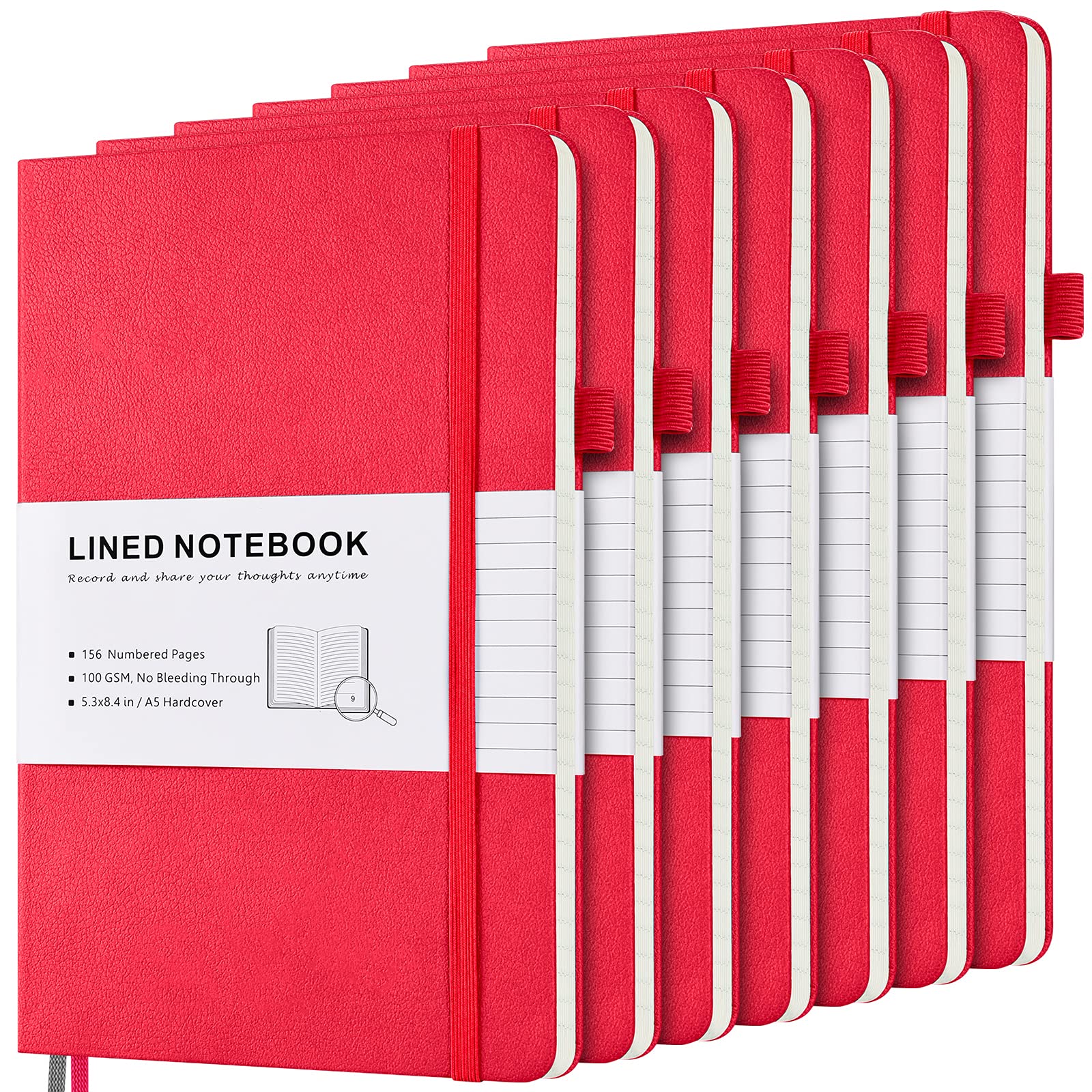 MaleDen7 Pack Lined Journal Notebook, Hardcover PU Leather Notebook for Men Women, 100 GSM Thick Numbered Pages with Index Content, Inner Pockets, Bookmarks, A5 Ruled Writing Journal Bulk (Red)