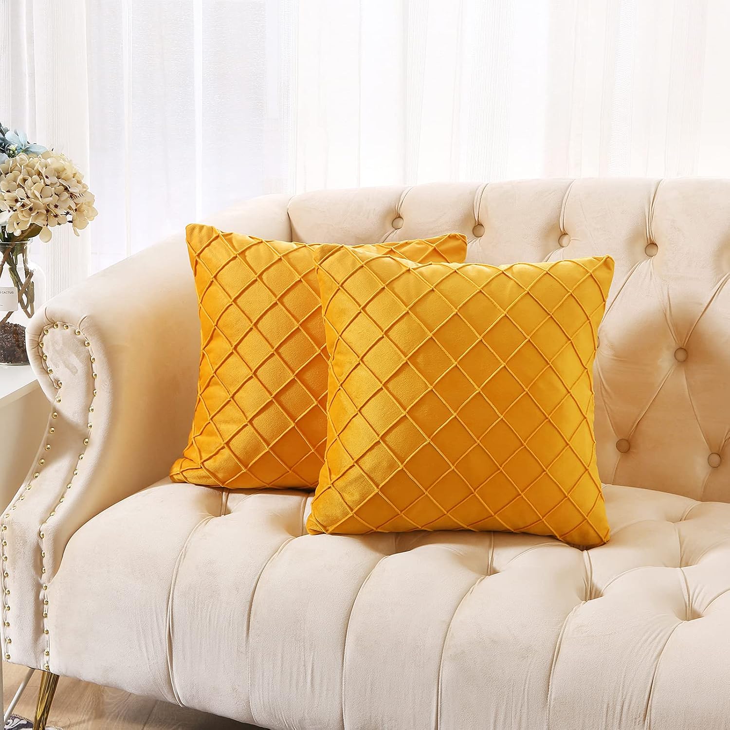 Volcanics Pack of 2 Velvet Decorative Throw Pillow Covers Soft Solid Square Couch Pillow Cover Case Cushion Pillowcase 18x18 Inches, Yellow