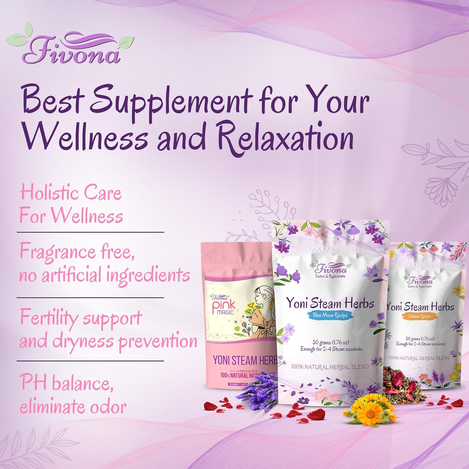 Fivona Set of 3 Yoni Steam Herbs - Natural Herbal Mix - 100% Pure Organic Blend – V Detox, Cleansing, PH Balance for Women - Revitalizing & Rejuvenating Care - 6 to 12 Sessions – 3x 1.76 oz