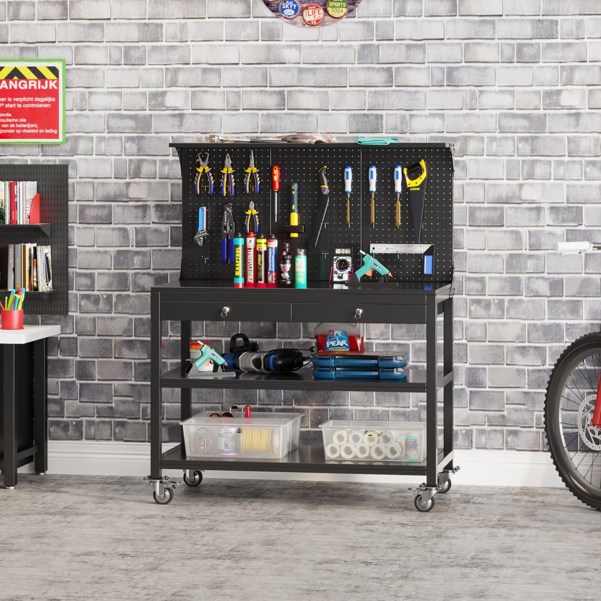 SUPEER Werkbank Metall Bewegbarer mit Hochfeste Räder und Pegboard,1500 x 1000 x 530 mm - 500 kg Tragkraft - 2 verriegelbare Werkzeugschubladen,Heavy Duty Stahl Arbeitsbank/Werktisch