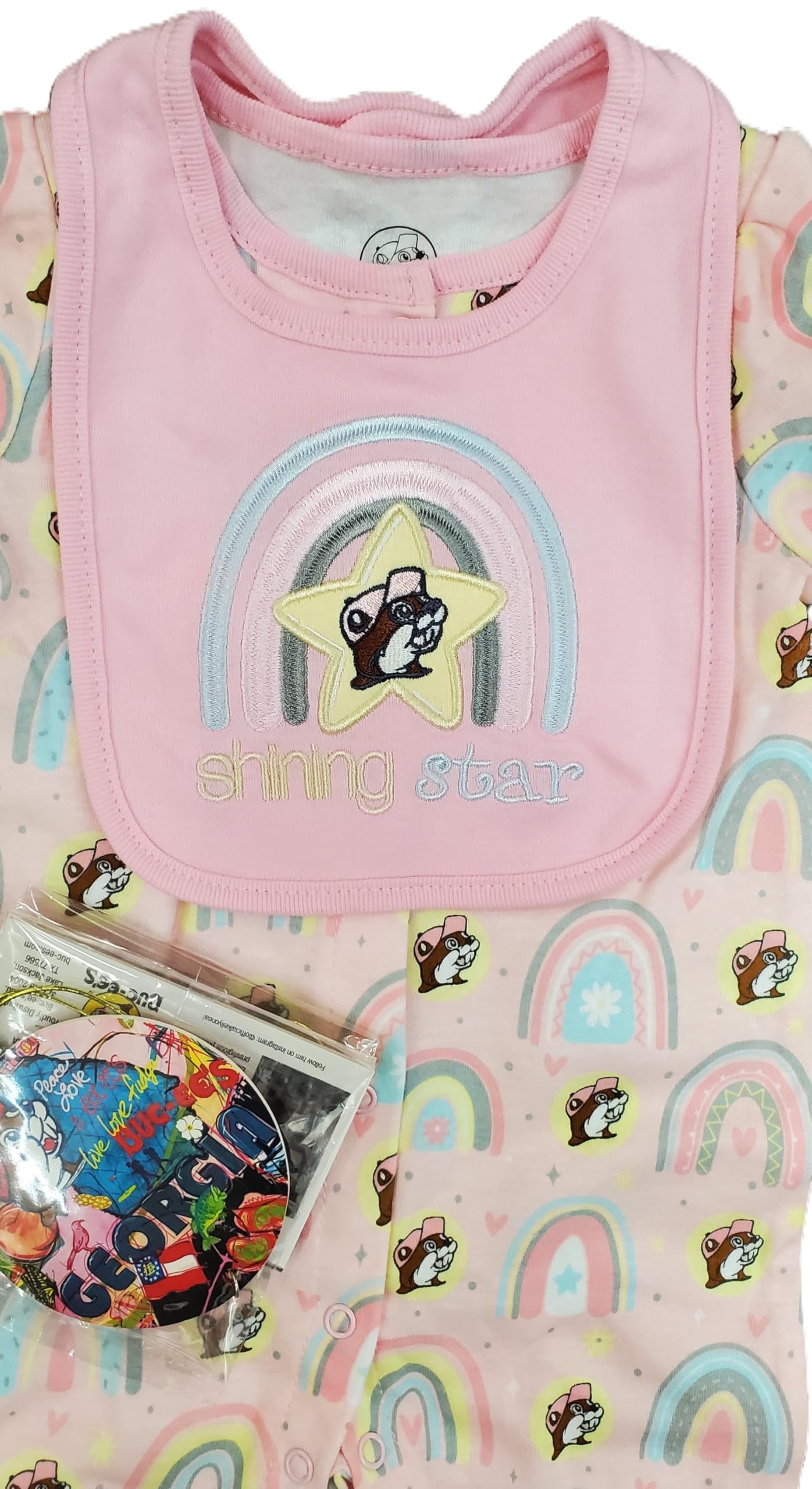 Buc-ee's Baby Beaver Christmas Romper Bib Onesie Boys Girls Newborn Infant Clothes w/Ga. Air Freshener Bundle Gift Holiday (US, Alpha, 0 Months, Baby Girls, Pink)
