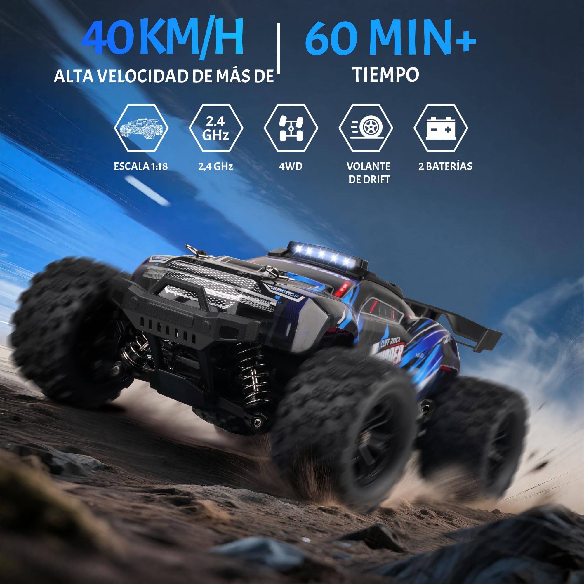 Ferngesteuertes Auto – 1:18 High-Speed 40 Km/H Rc Auto 2,4 Ghz 4wd All Terrains Offroad Drift Truck Mit Zwei Wiederaufladbaren Batterien FüR LäNgeres Spielen FüR Kinder Und Erwachsene – Blau - 3